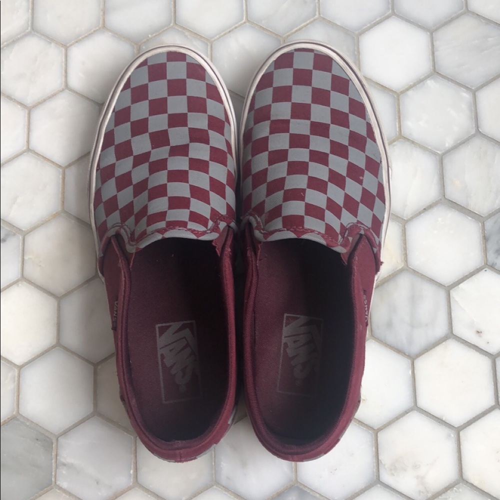Maroon and Grey Checkered Vans